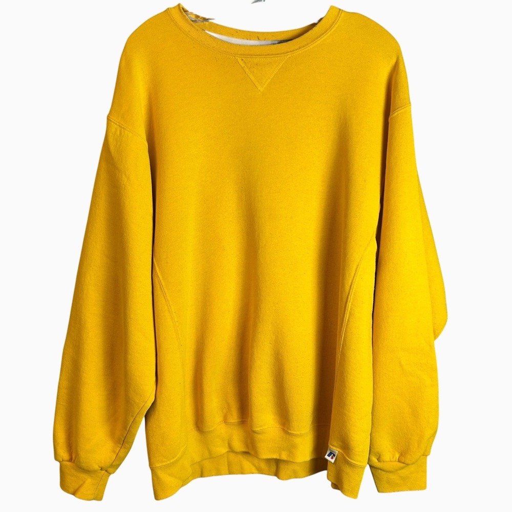 Russell Athletic Sweatshirt Mens 2XL Yellow Fleece Crewneck Pullover Logo Y2K